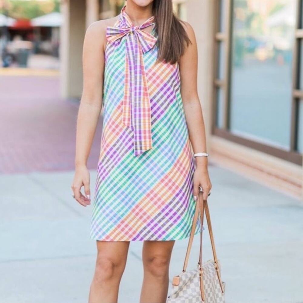 J. Crew Rainbow Gingham Plaid Tie Neck Mini Shift Dress Size Small New